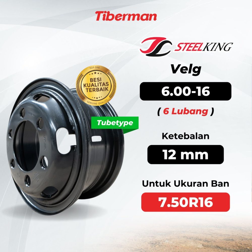 Velg SteelKing 7.50R16 6.00-16 (6 Lubang) 12mm Tubetype
